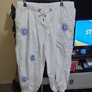 Anthropology Embroidered Pilcro White Joggers with Blue Accents